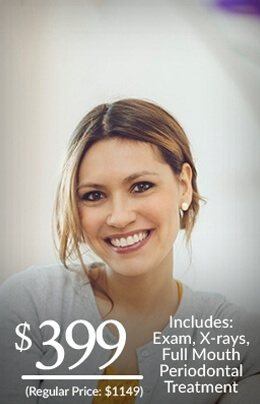 Woman smiling with text for a $399 full mouth periodontal treatment coupon